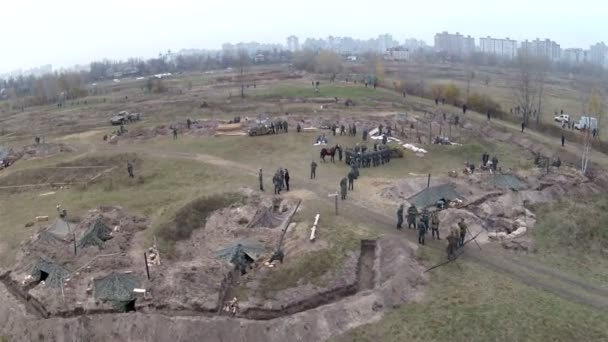 Reconstruction of military scene period 1943 year WW2 in Ukraine. Aerial scene 10. — Stock Video