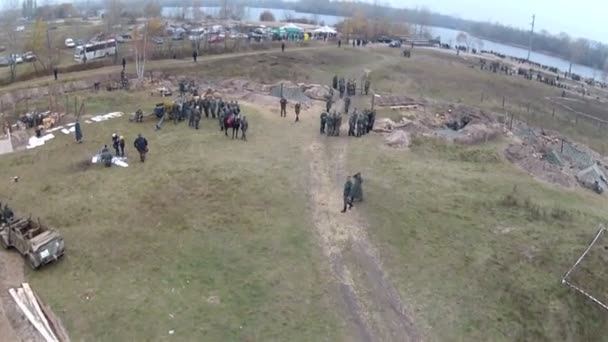 Reconstruction of military scene period 1943 year WW2 in Ukraine. Aerial scene 13. — Stock Video