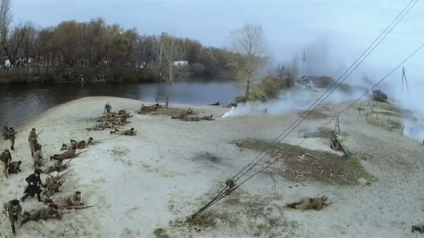 Reconstruction of military scene period 1943 year WW2 in Ukraine. Aerial scene 34. — Stock Video