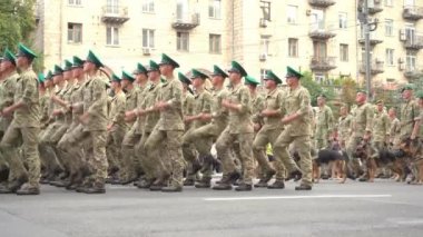 Ukrayna, Kyiv - 18 Ağustos 2021: Sınır muhafızlarında çoban köpekleri. Ukrayna askeri yürüyüşü. Ordu piyadesi. Sokaktaki adamlar. Askeri üniforma. Çarpışma basamağı. Piyade ve çıkarma
