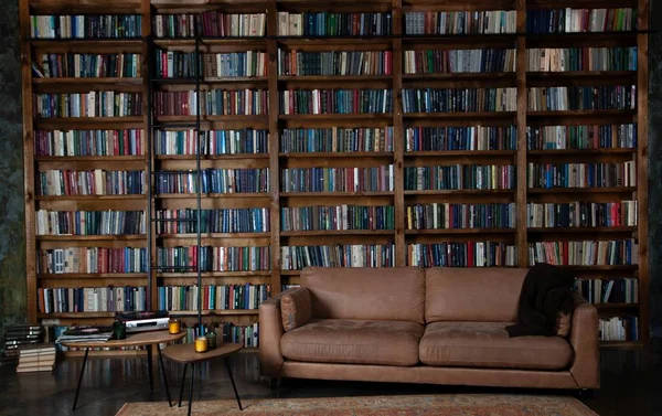 Bookshelves in the library. Large bookcase with lots of books. Sofa in the room for reading books. Library or shop with bookcases. Cozy book background. Bookish bookstore bookshop. — Stock Photo, Image