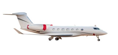 Beyaz arka planda izole edilmiş küçük beyaz yolcu uçağı. Kiralık uçak. Seçkin bir uçağın yeni modeli.