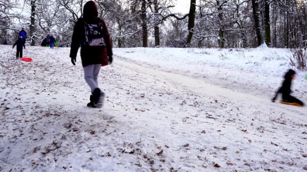 Oekraïne, Kiev - 15 januari 2021: Mensen sleeën op een sneeuwheuvel. Kinderen rijden van de glijbaan op een plastic slee in de winter besneeuwde dag. Gelukkige jeugd. Het sneeuwt buiten. Vakantie plezier — Stockvideo