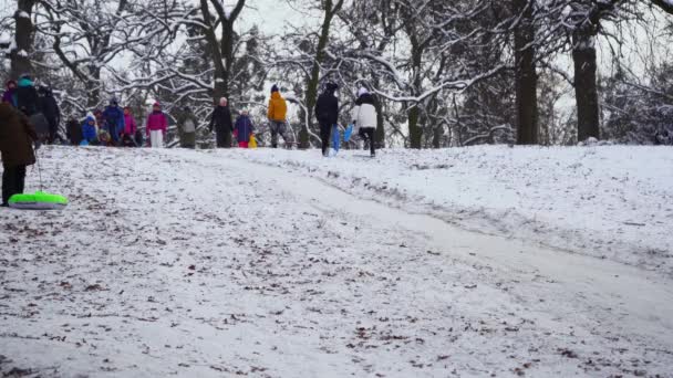 Ukrajina, Kyjev - 15. ledna 2021: Lidé sáňkaří na sněžném kopci. Děti sjíždějící po skluzavce na plastových saních v zimním zasněženém dni. Šťastné dětství. Venku sněží. Dovolená zábava — Stock video