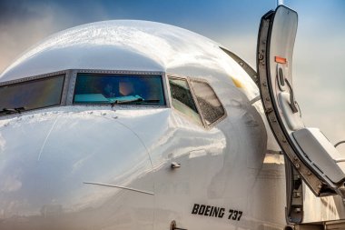 Önlüklü Bees Havayolları sarı uçağı. Boeing 737-800 UR-UBA yolcu uçağı. Ukrayna, Kyiv - 19 Mart 2021.