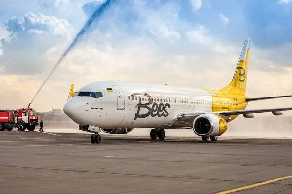 Önlüklü Bees Havayolları sarı uçağı. Boeing 737-800 UR-UBA yolcu uçağı. Ukrayna, Kyiv - 19 Mart 2021.