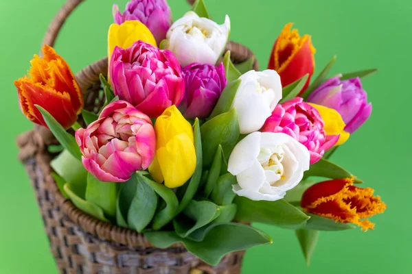 Mischung aus Frühlingsblumen. Hintergrund mit Blumen Tulpen Nahaufnahme verschiedenen Farben. Vielfarbige Frühlingsblume. Geschenk. Rot, rosa, weiß und gelb. Strauß in einem Korb. Vase. — Stockfoto