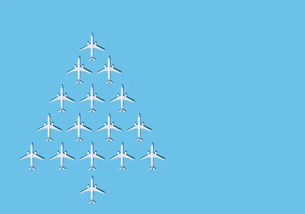 クリスマスの背景 飛行機からクリスマスツリー 航空会社のポストカード 空港だ テキストの場所と青の背景スペースをコピーします 青い背景の飛行機からのパターン 空飛ぶ航空会社 飛行機 — ストック写真