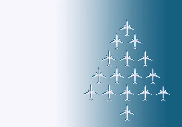 크리스마스 배경. 비행기에서 나온 크리스마스 트리 야. 항공사 사서함입니다. 공항이요. 텍스트 복사 공간을 위한 푸른 배경. 파란 배경의 비행기에서 온 패턴이야. 나는 항공사. 비행기 — 스톡 사진