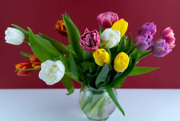 Mischung aus Frühlingsblumen. Strauß in einer Vase vorhanden. Vielfarbige Frühlingsblume. Geschenk. Rot, rosa, weiß und gelb. Hintergrund mit Blumen Tulpen Nahaufnahme verschiedene Farben — Stockfoto