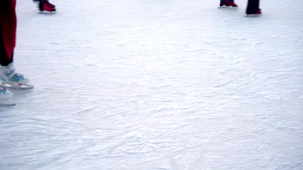 Ice skating rink in winter. People are skating. Skates ride on ice. Ice skating is a winter sport and entertainment. Womens, childrens, mens legs go. — Stock videók