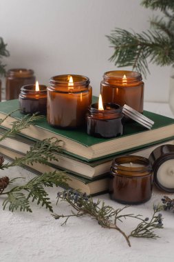 Beyaz arka planda cam kavanozlarda farklı aroma mumları. Kokulu el yapımı mum. Soya mumları kavanozda yanıyor. Balmumu ve parafin kavanozda.