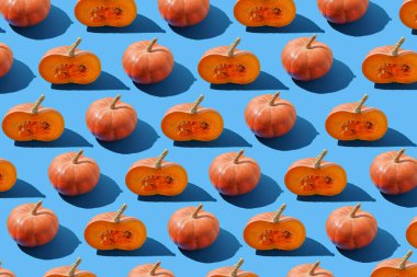 Mavi arka planda balkabağı deseni. Sonbahar hasadı. Balkabağım. Şükran Günü. Cadılar Bayramı için yemek