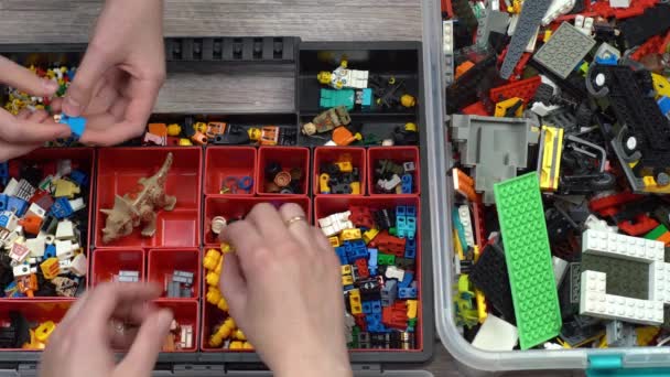 Lego. Kinderspeelgoed bouwer. Veel kleurrijke details. Blokken en stenen om te spelen en te bouwen. Educatief speelgoed. Lego figuren. Sorteren en opslaan. Spelen. Kiev, Oekraïne - 30 maart 2022. — Stockvideo