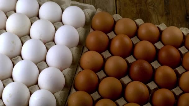 Eierhintergrund. Weiße und braune Eier in einem Tablett. Proteinnahrung. Öko-Bio. — Stockvideo
