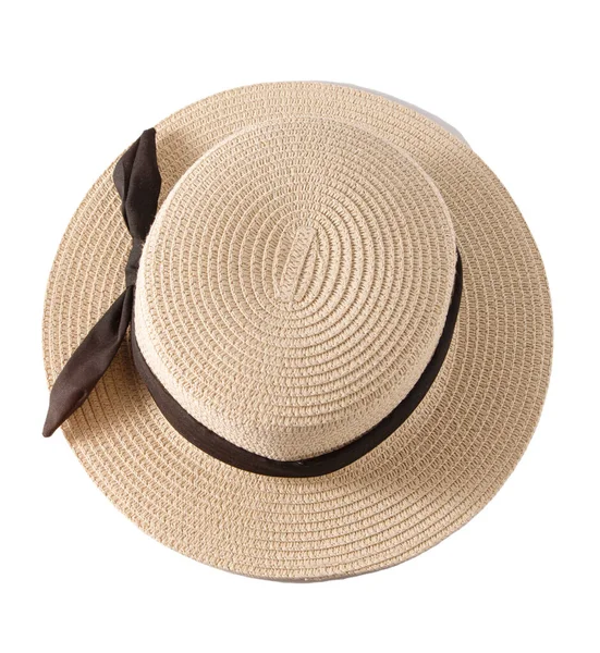 Sombrero de boater de paja de ala pequeña con banda negra. Canotier sombrero de paja francés de verano de forma rígida con una corona cilíndrica y ala recta, bastante estrecha. — Foto de Stock