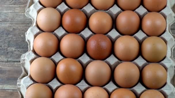 Eiachtergrond. Witte en bruine eieren in een dienblad. Eiwitvoedsel. Eco-biologisch. — Stockvideo