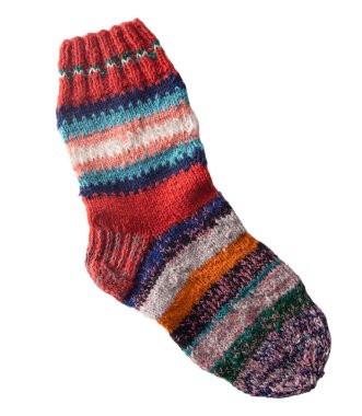 Yünlü ipliklerden çorap örüyorum. Ev yapımı sıcak, el yapımı, renkli çizgili çoraplar.