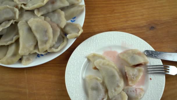 Dumplings Bowl Vareniki Cherries Traditional Ukrainian Food Dumpling Plate Cooking — Stock Video