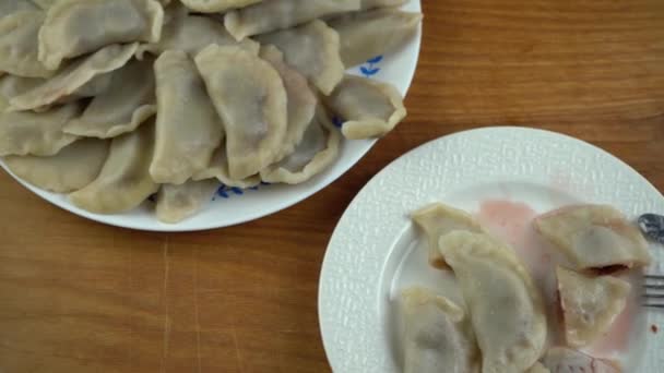 Dumplings Kom Vareniki Met Kersen Traditioneel Oekraïens Eten Dumpen Een — Stockvideo
