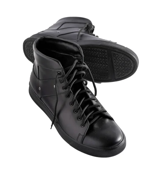 Beyaz Arka Planda Yeni Siyah Botlar Var Moda Ayakkabıları Bağcıklar — Stok fotoğraf