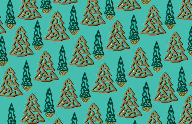 Dekor oyuncağı. Mavi arka planda altın sarısı Noel ağacı. Şablon. Yeni Yıl.