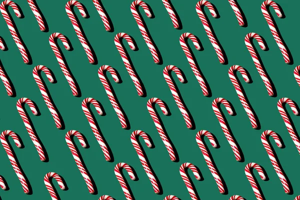 Pattern Red White Lollipops Green Background Christmas Concept Candy Food — Stock Photo, Image