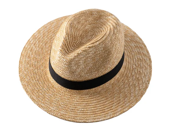 Straw Fedora Hat Isolated Summer Hat Black Ribbon Classic Cap — Foto de Stock