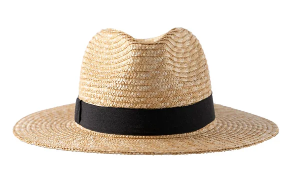 Straw Fedora Hat Isolated Summer Hat Black Ribbon Classic Cap — Photo
