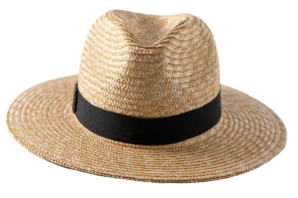 Straw Fedora Hat Isolated Summer Hat Black Ribbon Classic Cap — Foto de Stock