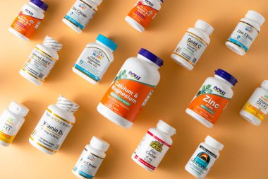 Vitamins minerals and micronutrients from iHerb pattern. Lots of different jars. Biologically active food additives Dietary supplement set buy online Medicines for health Kyiv, Ukraine - July 13, 2022