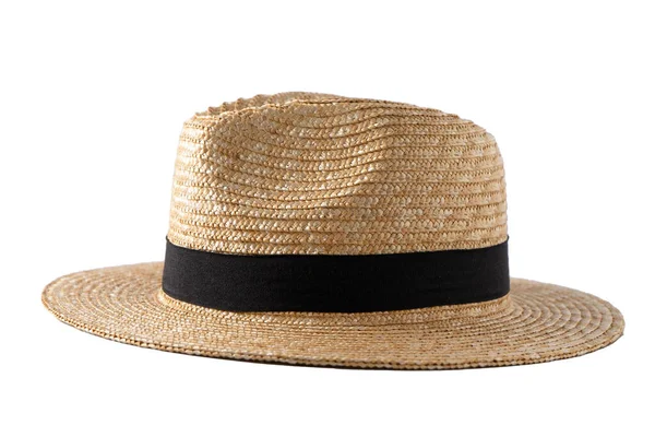 Straw Fedora Hat Isolated Summer Hat Black Ribbon Classic Cap — ストック写真
