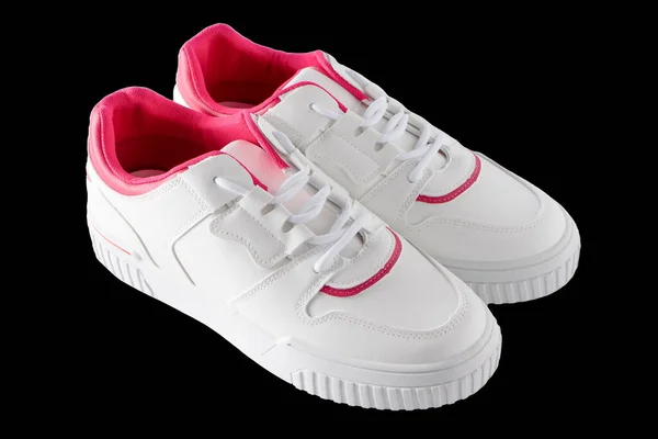 New White Sneakers Isolated Black Background Fashionable Sports Shoes Clean — 스톡 사진