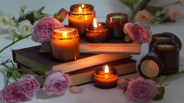 Set Different Aroma Candles Brown Glass Jars Flowers Scented Handmade — Wideo stockowe