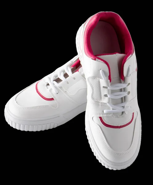 New White Sneakers Isolated Black Background Fashionable Sports Shoes Clean — Zdjęcie stockowe