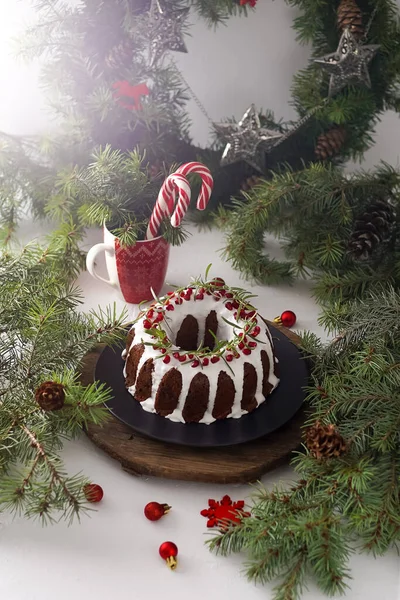 Nourriture Noël Tarte Ronde Avec Glaçage Blanc Cupcake Avec Trou — Photo