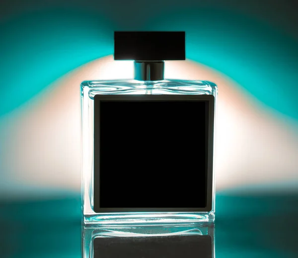 Perfume Bottle Place Text Black Color Light Blue Background Spray — Fotografia de Stock
