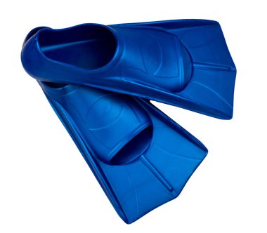 Fins are isolated on a white background. Flippers. Open toe and closed heel for professional swimming and training. Shortened blue flippers. Swimmer accessories. Swim boots