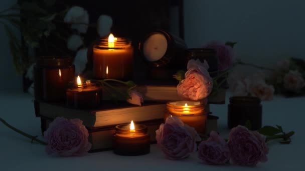 Set Different Aroma Candles Brown Glass Jars Flowers Scented Handmade — Vídeo de stock
