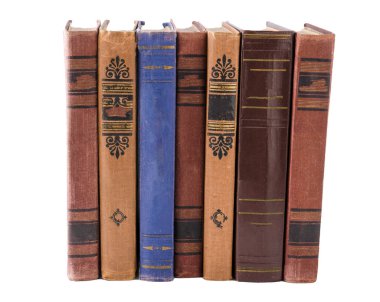 Stack of old books isolated on white background. Library shelf. The book is in a cloth cover. Vintage binding.