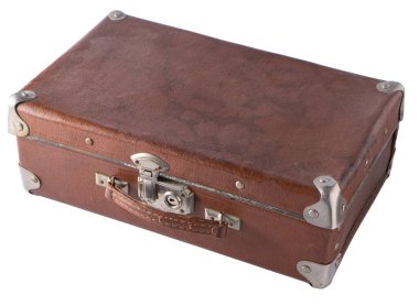 Old suitcase isolated on white background. Brown leather vintage suitcase with metal brackets on the corners and a lock. Baggage.