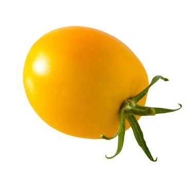 Yellow tomato isolated on white background. Vegetable with a green tail close-up object.