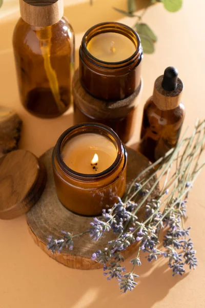 Soy Candles Glass Jar Aromatherapy Burning Candle Lavender Wooden Lid — Stock Photo, Image