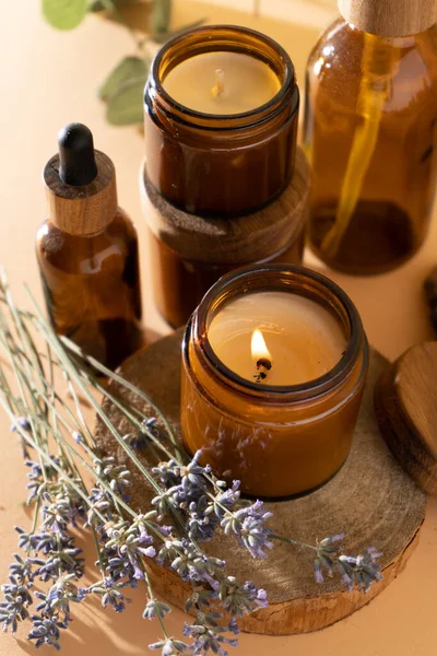 Soy Candles Glass Jar Aromatherapy Burning Candle Lavender Wooden Lid — ストック写真