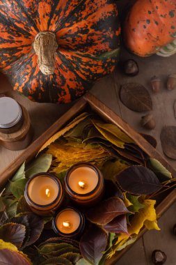 Soya mumları cam kavanozlarda yanar. Ağaç yaprakları, balkabağım. Evdeki rahatlık. Kahverengi kavanozdaki mum. Koku ve ışık. Kokulu el yapımı mum. Aroma terapisi. Sonbahar havası. Sonbaharda rahat ev dekorasyonu.