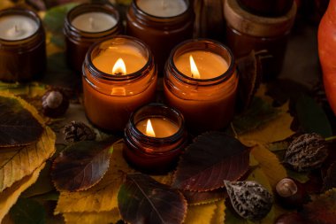 Soya mumları cam kavanozlarda yanar. Ağaç yaprakları. Evdeki rahatlık. Kahverengi kavanozdaki mum. Koku ve ışık. Kokulu el yapımı mum. Aroma terapisi. Sonbahar havası. Sonbaharda ev dekorasyonu. Şenlikli dekorasyon.