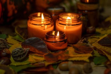 Soya mumları cam kavanozlarda yanar. Ağaç yaprakları. Evdeki rahatlık. Kahverengi kavanozdaki mum. Koku ve ışık. Kokulu el yapımı mum. Aroma terapisi. Sonbahar havası. Sonbaharda ev dekorasyonu. Şenlikli dekorasyon.