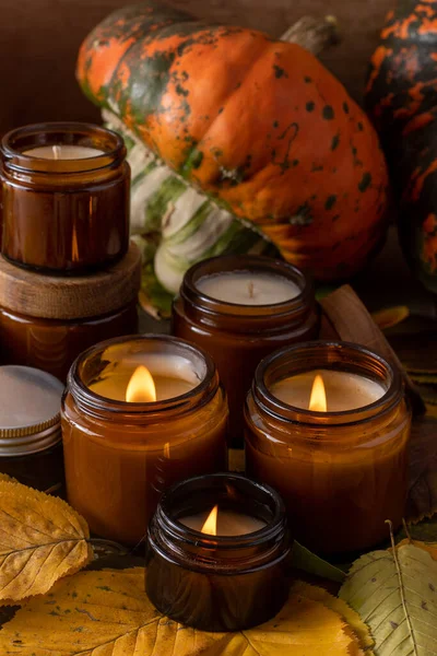 Soy Candles Burn Glass Jars Tree Leaves Pumpkin Comfort Home — Stock Photo, Image