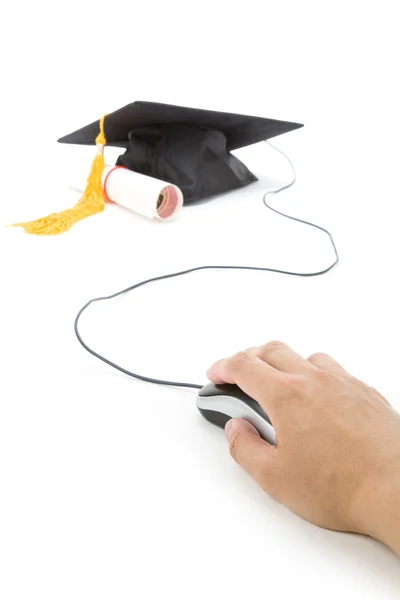 Black Mortarboard and computer mouse — Stock Photo, Image