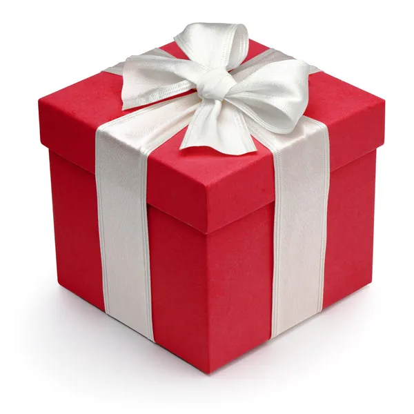 Red gift box with white ribbon and bow. — Stock Photo, Image